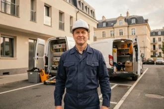 Électricien professionnel devant un immeuble résidentiel à Saint-Étienne, représentant les meilleurs électriciens de la ville