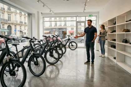 Vue d'ensemble d'un magasin de vélos électriques dans les Hauts-de-Seine avec des modèles exposés et des clients en train de les découvrir