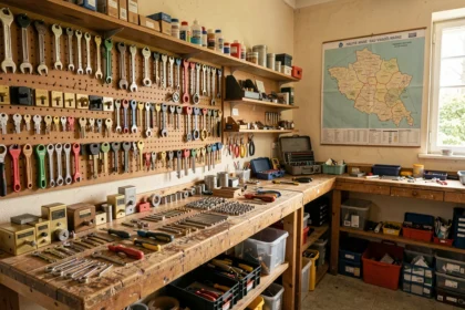 Atelier de serrurier professionnel en Haute-Marne avec outils et serrures exposés sur un établi en bois