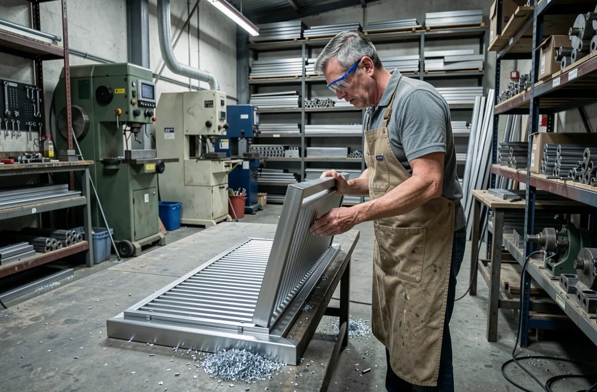 Technicien de Metallo-Pro à Chaumont inspectant une grille métallique personnalisée dans l'atelier industriel