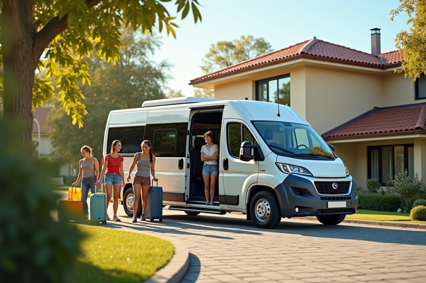 Minibus moderne 15 places devant maison lumineuse