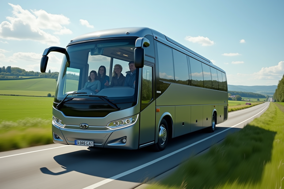 Minibus 15 places roulant en campagne ensoleillée