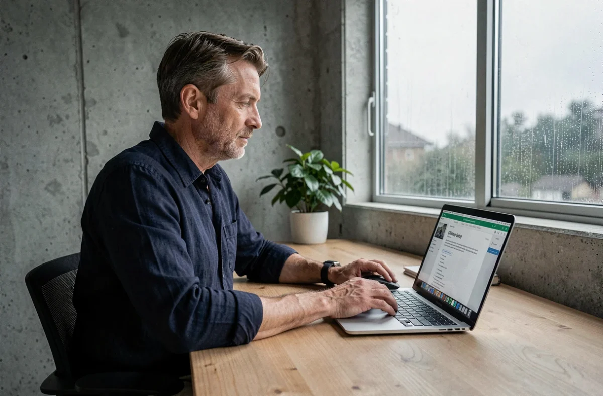 Homme travaillant en mode hors ligne sur ordinateur portable dans un bureau minimaliste avec interface de lecture numérique