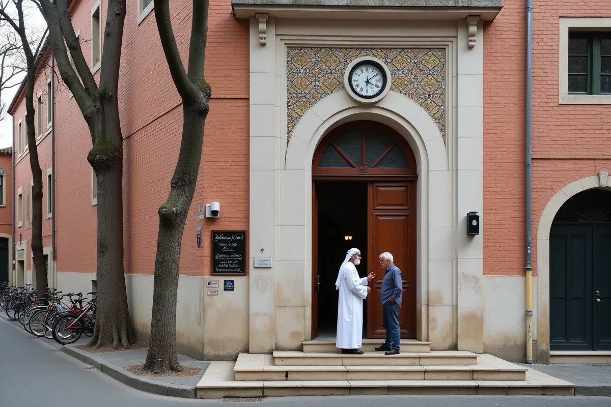 Entrée d'une mosquée à Toulouse avec affichage des horaires de prière en arabe et en français
