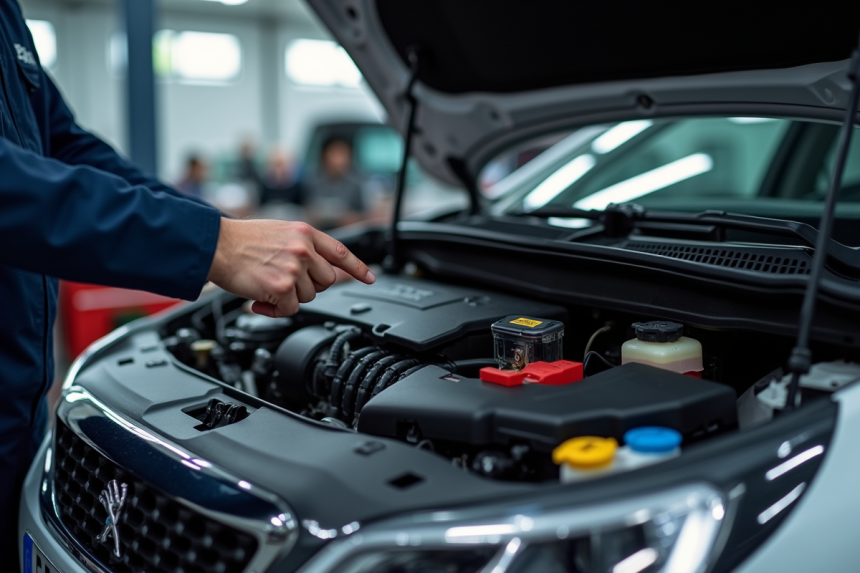 Moteur Peugeot 1,6 HDi avec outil de diagnostic et mécanicien