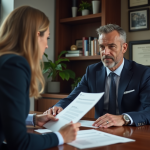 Notaire en costume bleu discutant de documents avec un couple