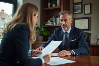 Notaire en costume bleu discutant de documents avec un couple