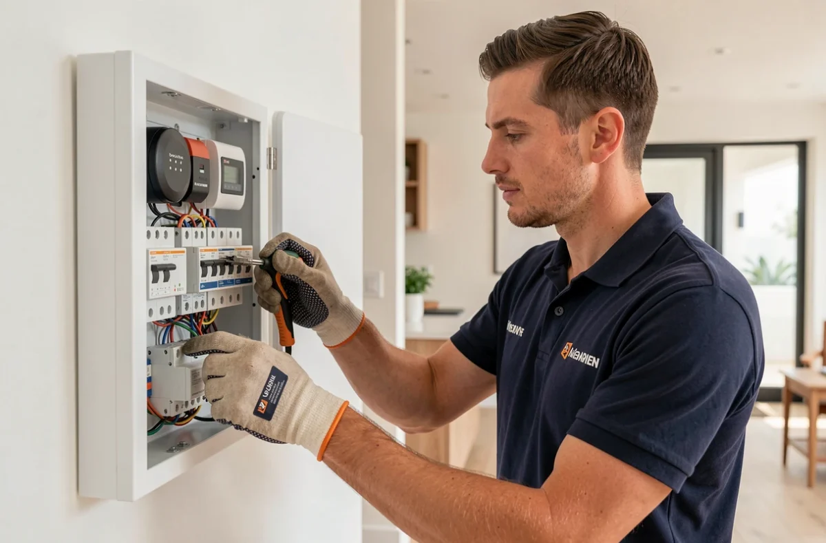 Technicien d'Ohmeo Concept installant un tableau électrique domotique dans une maison moderne