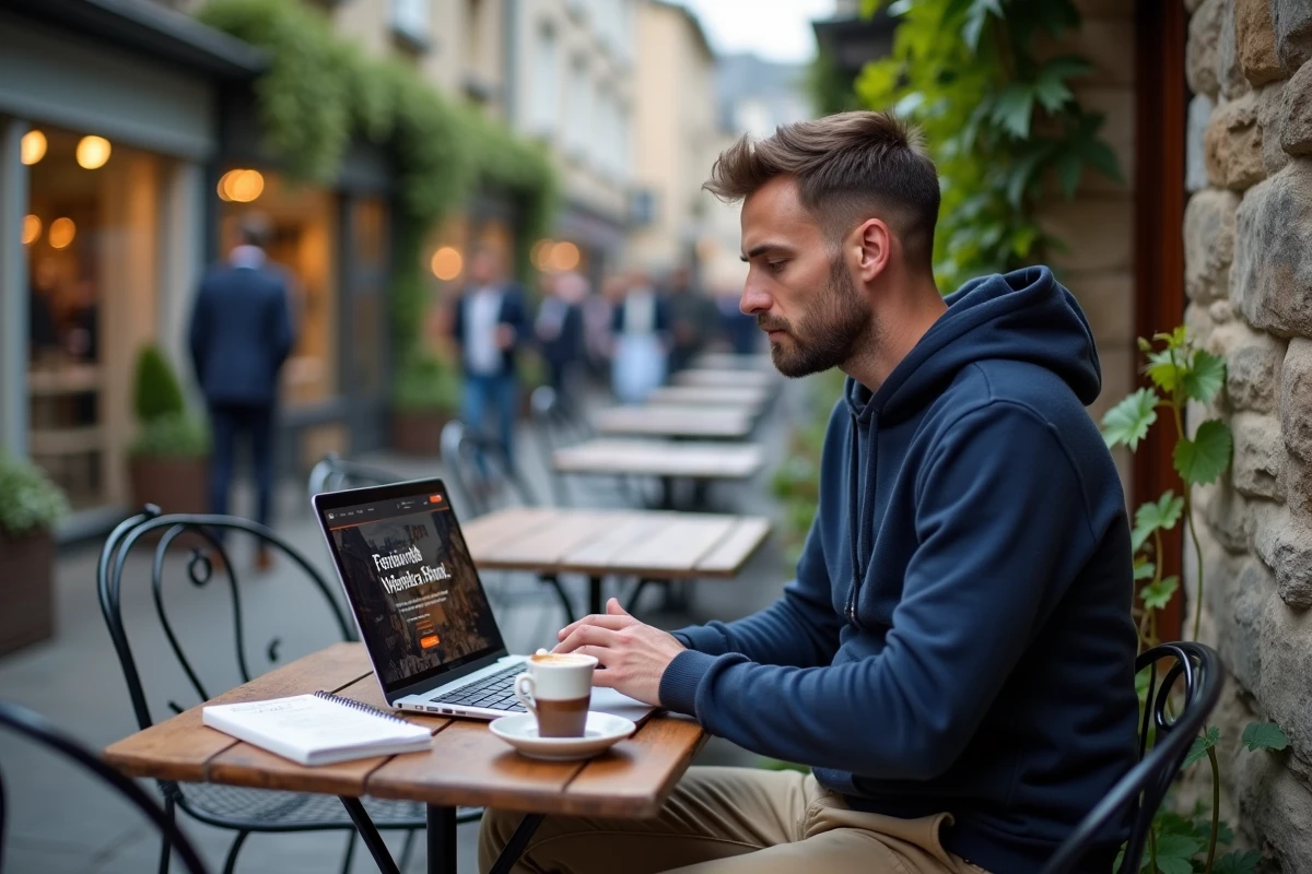 Homme organisant son séjour aux Vieilles Charrues 2026 depuis la terrasse d'un café breton