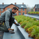 Ouvrier couvreur appliquant une membrane sur un toit végétal