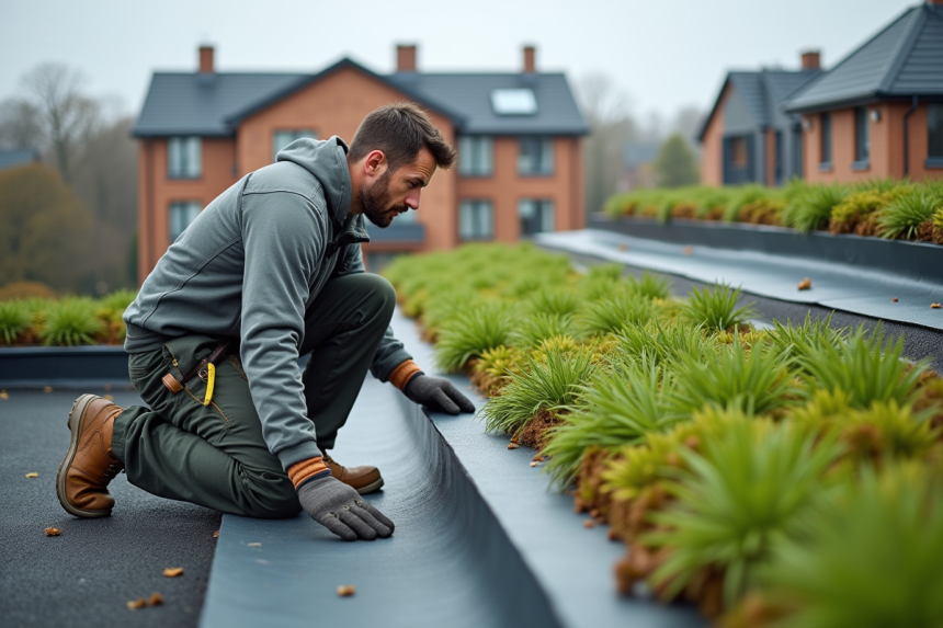 Ouvrier couvreur appliquant une membrane sur un toit végétal