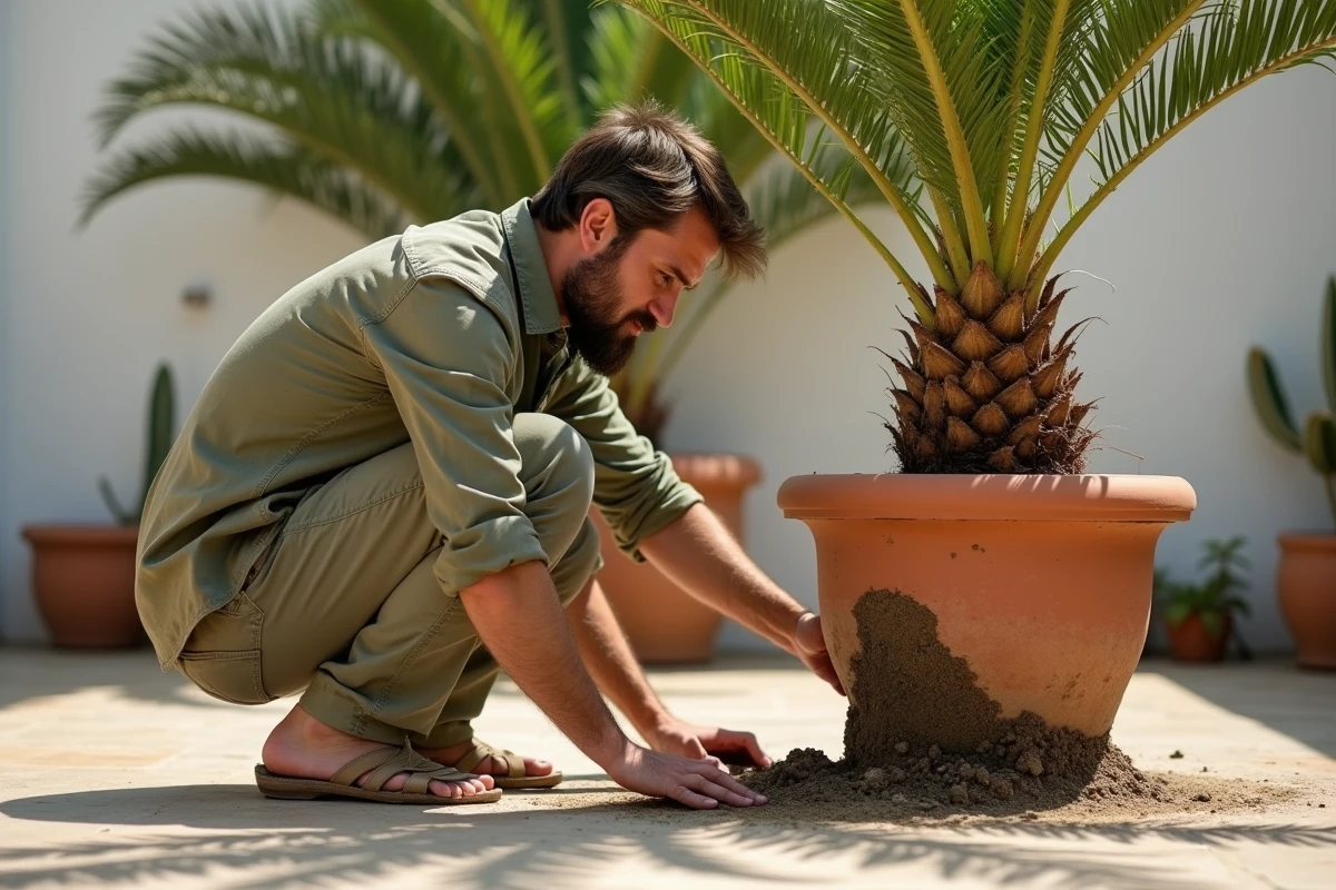 Homme inspectant la base d'un palmier en pot sur une terrasse méditerranéenne, avec un sol détrempé révélant une erreur d'arrosage fréquente dans la règle des palmiers d'extérieur