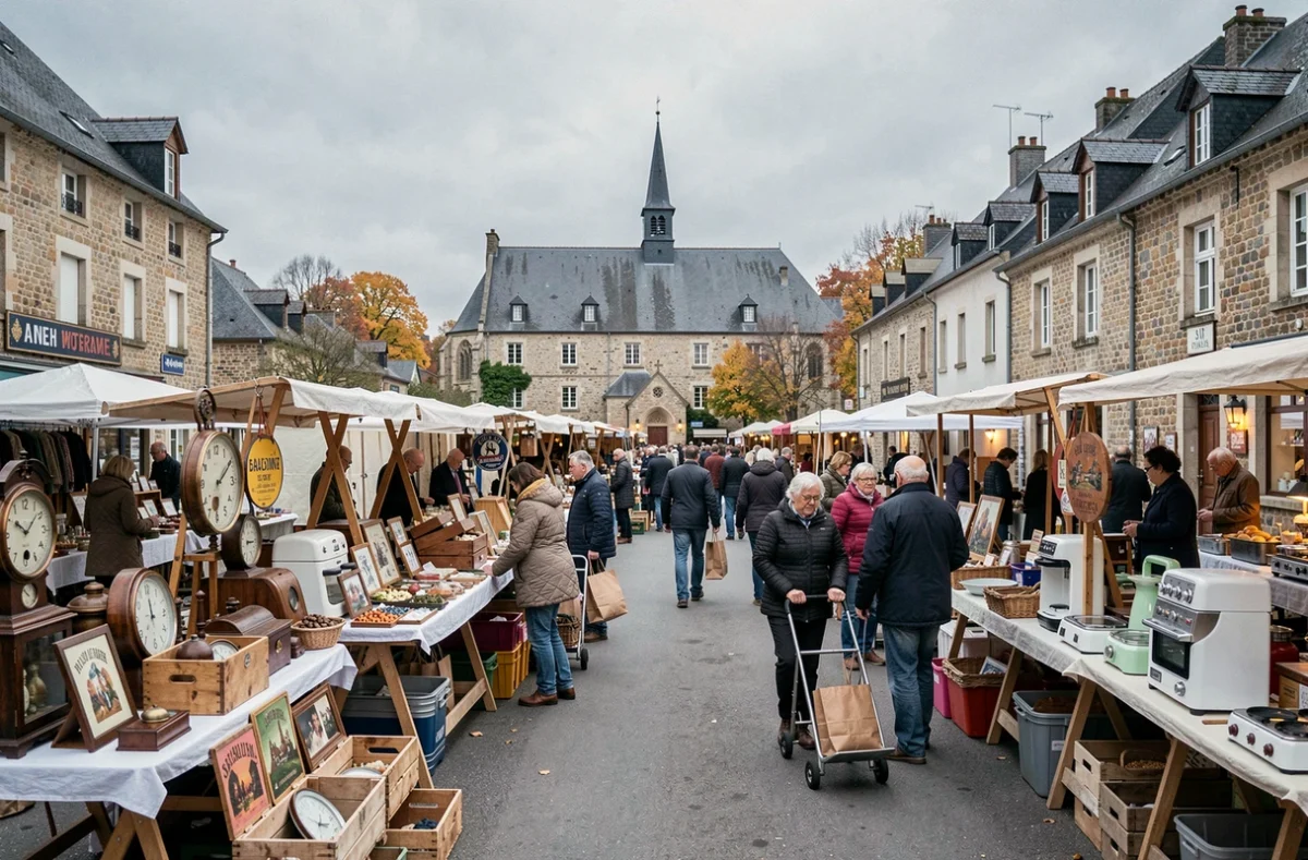 Vue panoramique d'une brocante en Moselle avec de nombreux exposants et visiteurs