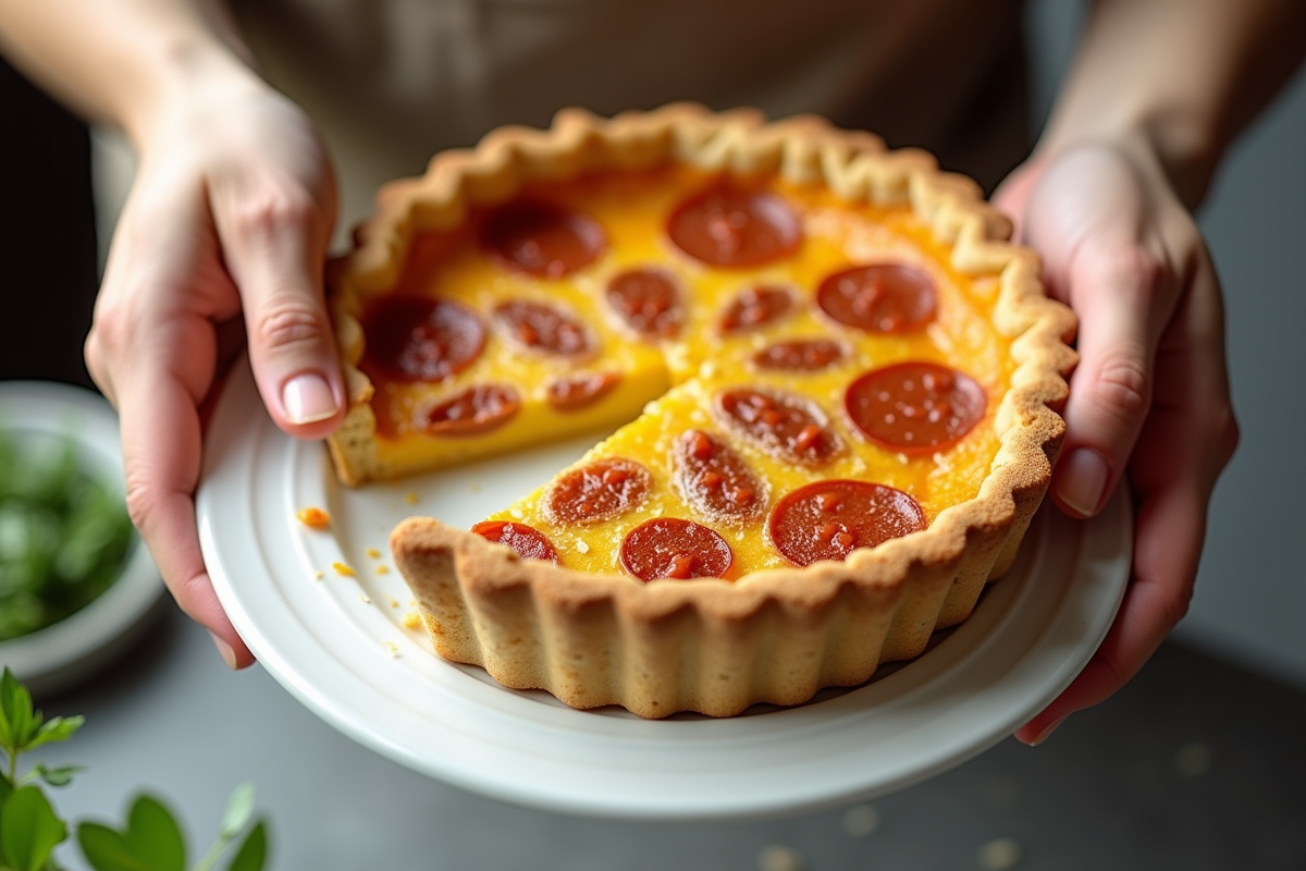 Personne servant une tranche de quiche au chorizo sur une assiette blanche