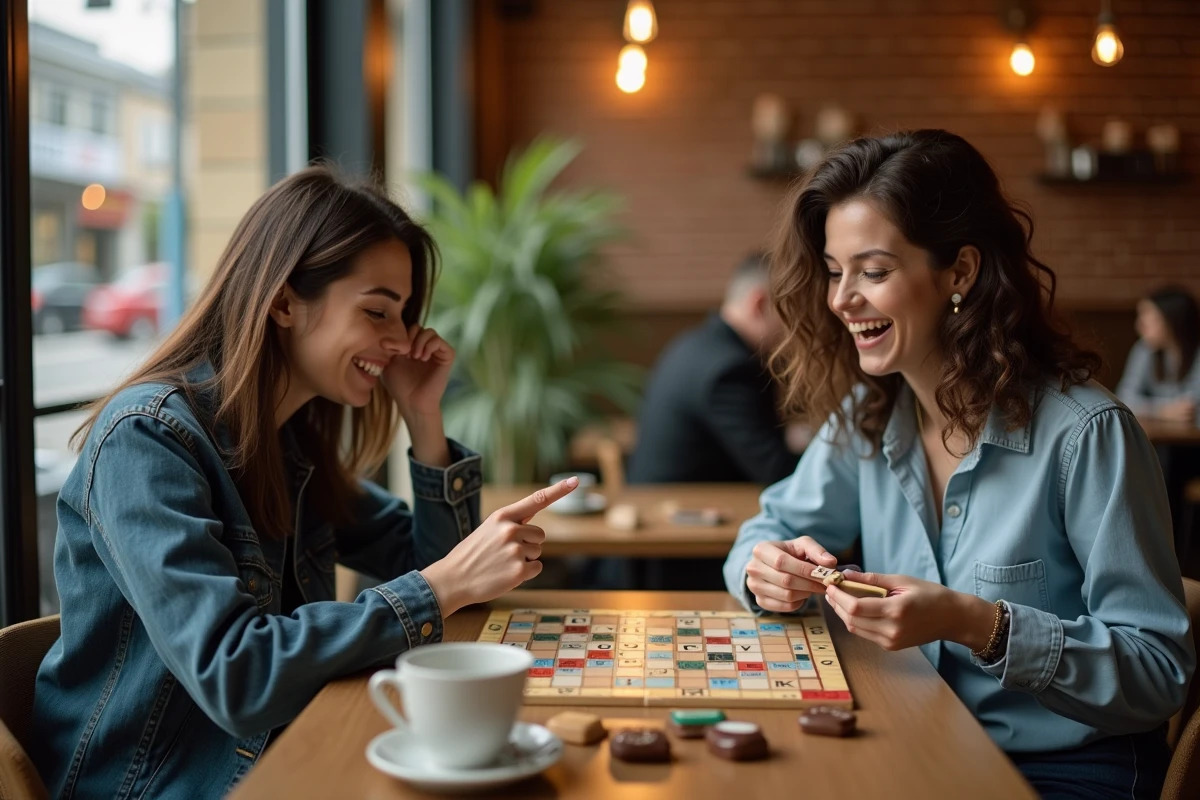 Deux femmes jouant au Scrabble dans un café, discutant d'un coup avec les lettres ACE sur le plateau