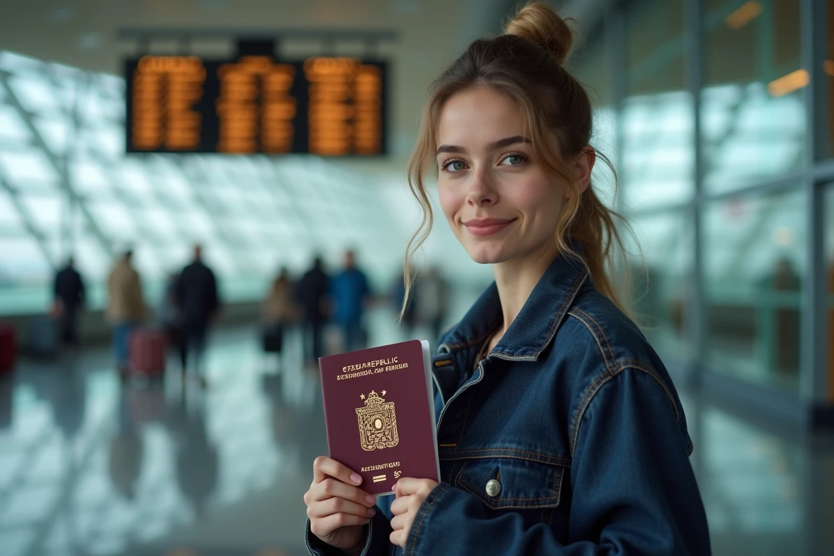 Femme tenant un passeport tchèque dans un aéroport européen illustrant le pays associé au code CZ
