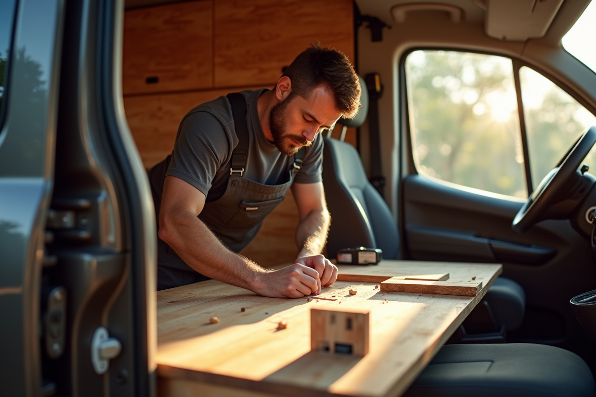 Travailleur installant des panneaux en bois dans un van Peugeot Expert