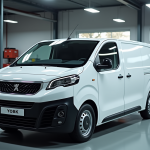 Véhicule Peugeot Expert blanc dans un atelier lumineux avec outils