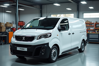 Véhicule Peugeot Expert blanc dans un atelier lumineux avec outils