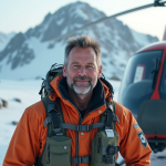 Pilote d'hélicoptère en tenue de vol sur un plateau enneigeux