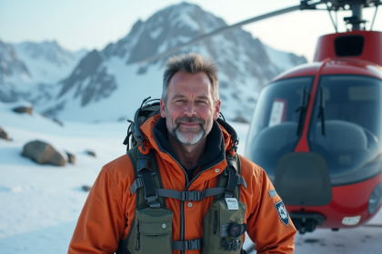 Pilote d'hélicoptère en tenue de vol sur un plateau enneigeux