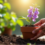 Mains plantant une glycine dans un pot humide