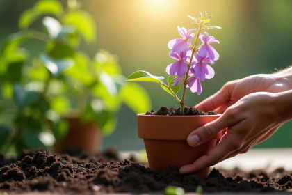 Mains plantant une glycine dans un pot humide