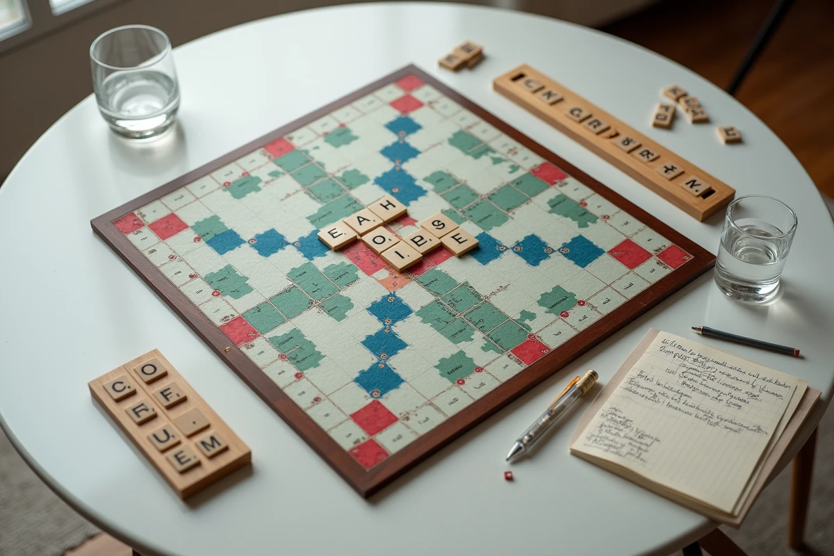 Vue aérienne d'un plateau de Scrabble avec les lettres A, C, E placées sur des cases prime lors d'une partie stratégique
