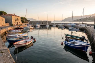 Port abrité au lever du jour avec des bateaux amarrés