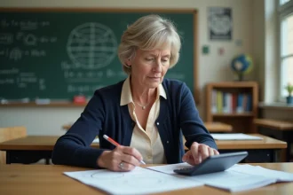 Professeure en classe avec calculatrice et notes de maths