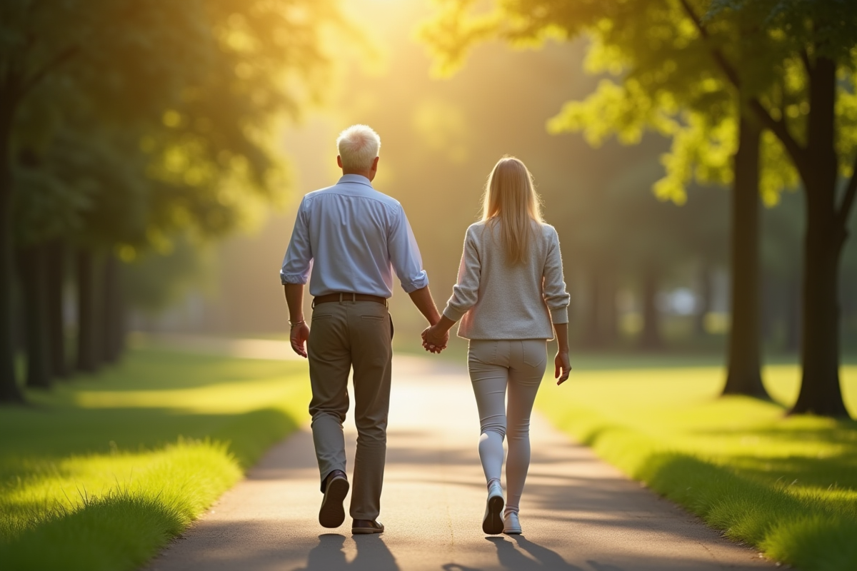 Couple mature marchant main dans la main dans un parc ensoleille