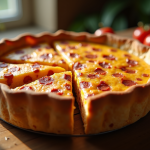 Quiche au chorizo fraîche refroidissant sur une table en bois