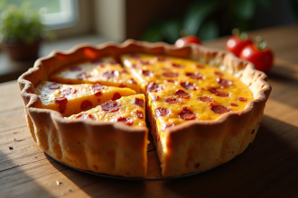 Quiche au chorizo fraîche refroidissant sur une table en bois