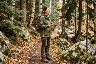 Randonneuse sur un sentier forestier en Alsace entourée de sapins et de hêtres en automne