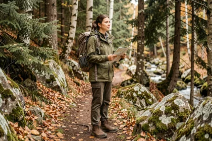Randonneuse sur un sentier forestier en Alsace entourée de sapins et de hêtres en automne