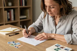 Femme écrivant une adresse sur une enveloppe blanche posée sur un bureau en bois, avec des timbres et un stylo à proximité
