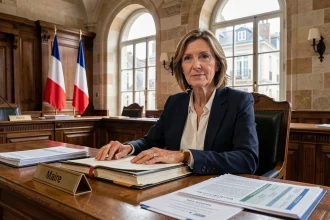 Femme maire assise à la table du conseil municipal avec des documents officiels et un budget, dans une salle de mairie française