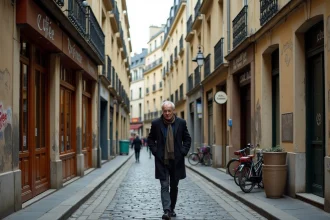 Rue pavée d'un ancien faubourg parisien avec immeubles haussmanniens et passant en manteau sombre