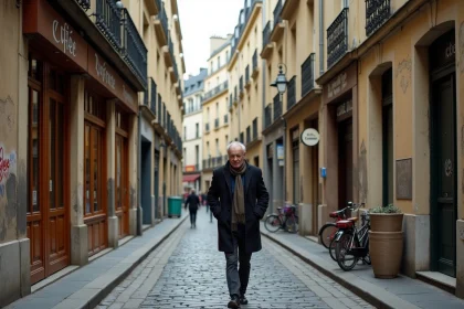Rue pavée d'un ancien faubourg parisien avec immeubles haussmanniens et passant en manteau sombre