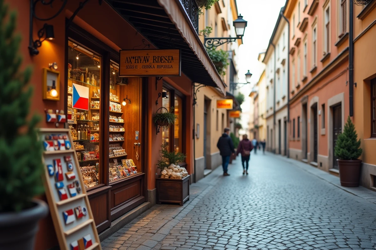 Rue historique de Prague avec boutique de souvenirs tchèques et drapeau national illustrant la République tchèque et le code CZ