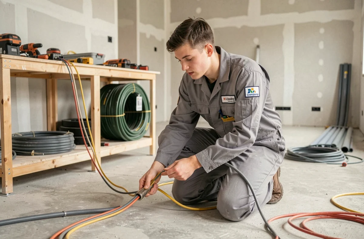 Électricien de Sainté'lec câblant une installation électrique dans un appartement neuf à Saint-Étienne