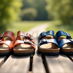 Sandales Scholl et Birkenstock côte à côte en extérieur en plein soleil