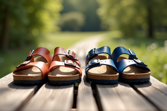 Sandales Scholl et Birkenstock côte à côte en extérieur en plein soleil