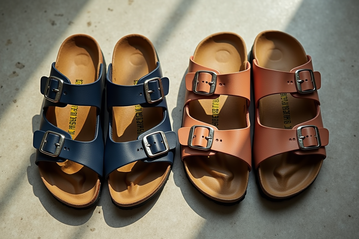 Zoom sur sandales Scholl et Birkenstock sur surface intérieure texturée