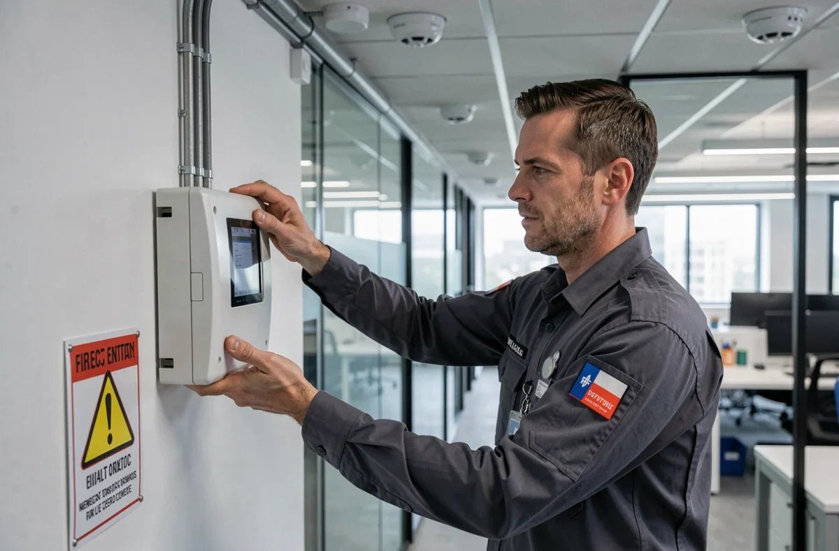 Technicien de SECURITE 42 installant un système de détection incendie dans un immeuble de bureaux moderne