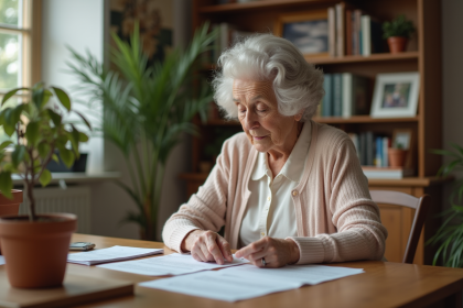Femme âgée lisant un contrat de location dans son appartement