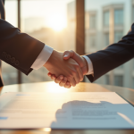 Deux professionnels serrant la main sur un contrat lumineux
