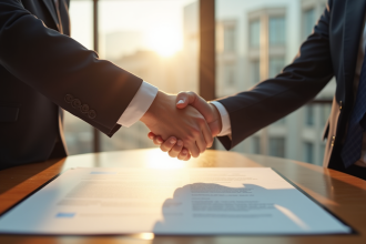 Deux professionnels serrant la main sur un contrat lumineux