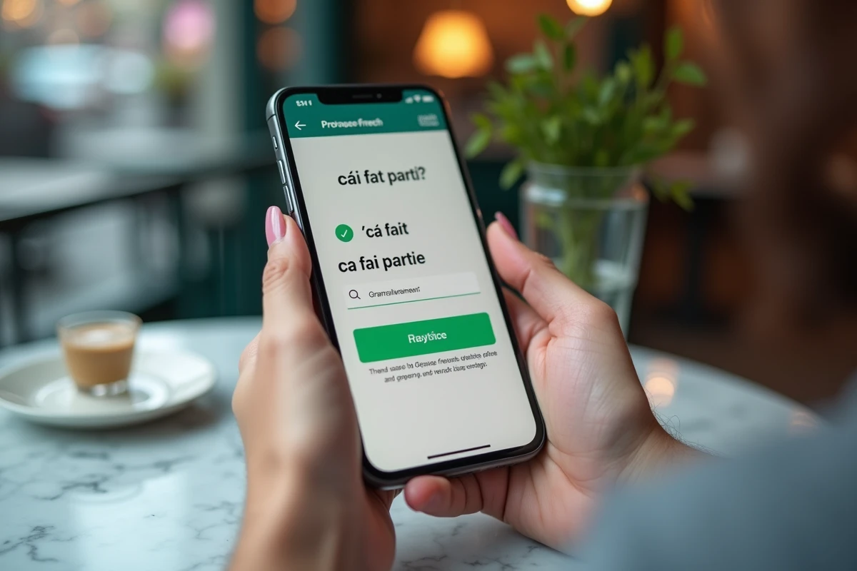 Gros plan sur un smartphone affichant une application d'apprentissage du français avec la correction orthographique de 'ça fait partie' dans un café