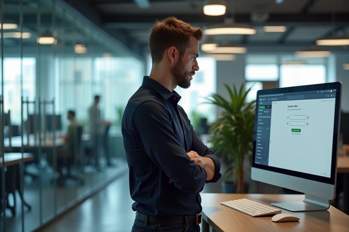 Homme envoyant un SMS anonyme depuis un ordinateur de bureau dans un espace de travail moderne